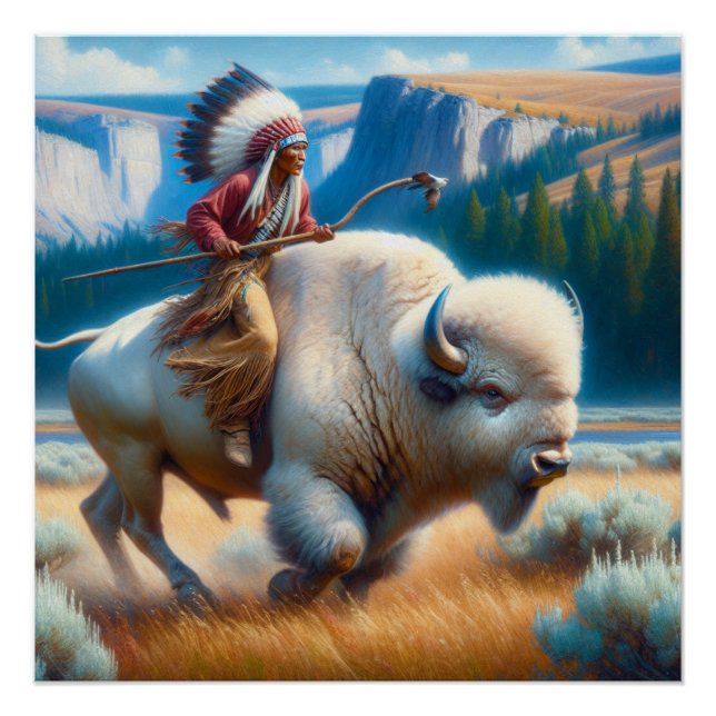 Poster White Buffalo Yellowstone Park Avec Art Indien (Devant)