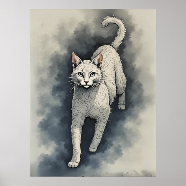 Poster White Cat in a Chinese Ink Drawing Style (Devant)