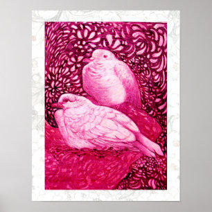 POSTER WHITE DOVES IN PINK FUCHSIA