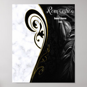 Poster White Marble,Black,Gold Filigree