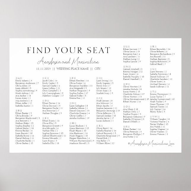 Poster White Minimal Wedding Alphabetical Seating Chart (Devant)