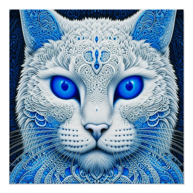 Poster White Mystical Cat Ethereal AI Art (Devant)