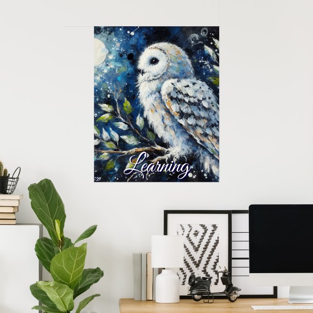 Poster White Owl On Branch Moonlight Personalized Paper (Bureau à domicile)
