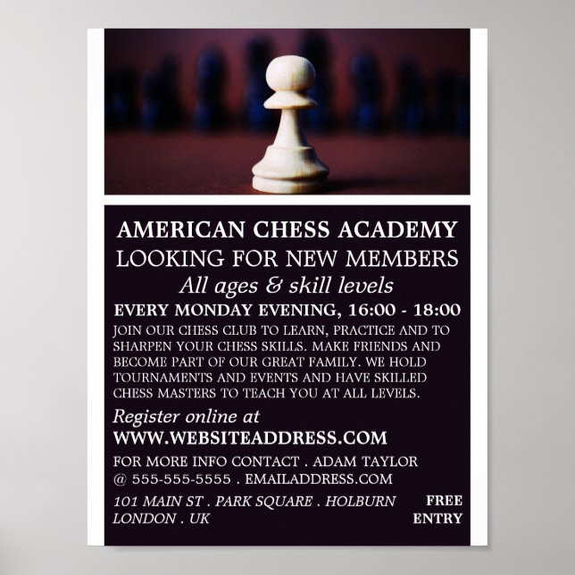 Poster White Pawn, Chess Club Publicité (Devant)