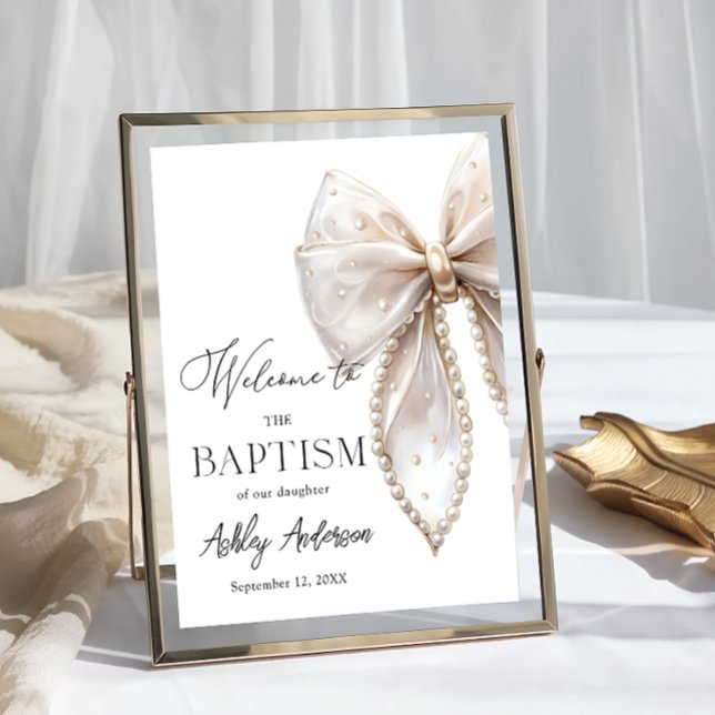 Poster White Pearl Bow Baptism Welcome  (Créateur téléchargé)
