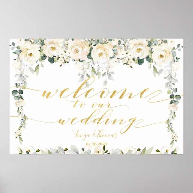Poster White Peony Epiphany Gold Calligraphie Bienvenue (Devant)