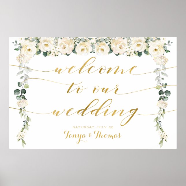 Poster White Peony Gold Calligraphy Bienvenue Au Mariage (Devant)