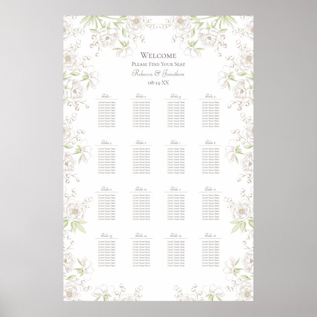 Poster White Rose Classic Wedding Seating Chart (Devant)