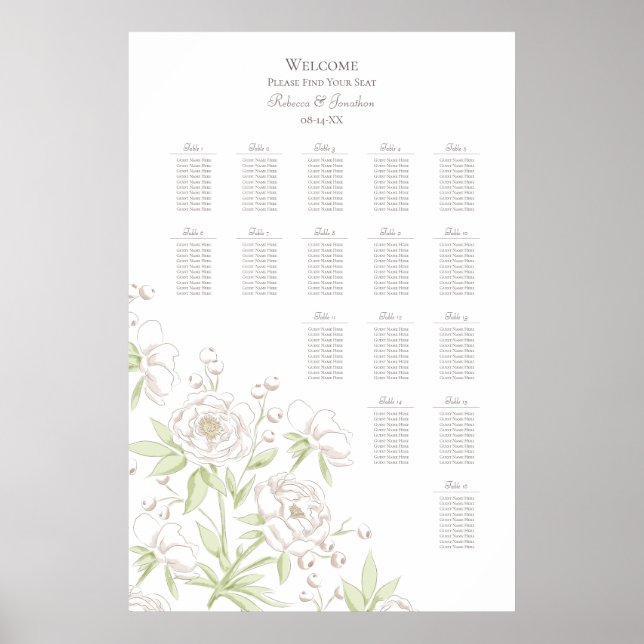 Poster White Rose Classic Wedding Seating Chart (Devant)