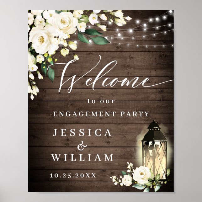 Poster White Roses Lanterne Russe Bois Partie d'engagemen (Devant)