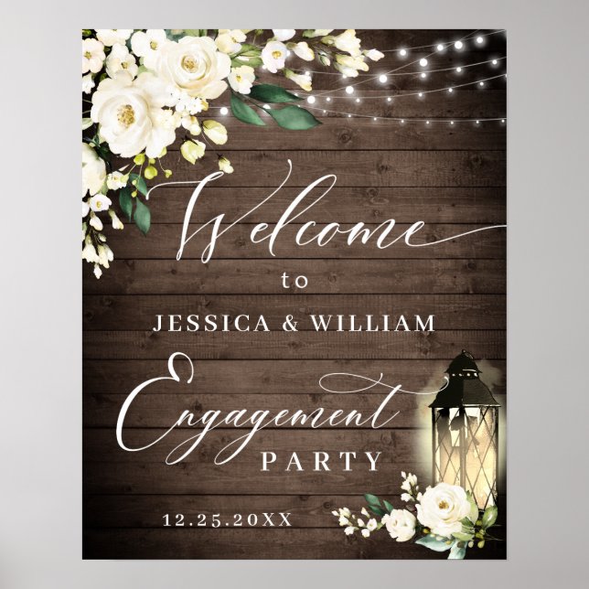 Poster White Roses Lanterne Russe Bois Partie d'engagemen (Devant)
