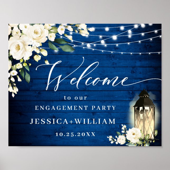 Poster White Roses Royal Blue Wood ENGAGEMENT PARTI (Devant)