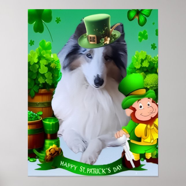 Poster White Rough Collie celebrating St. Patrick's Day (Devant)