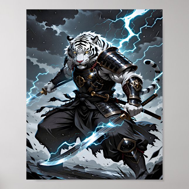 Poster White Tiger Samurai Warrior Blue Lightning Fantasy (Devant)