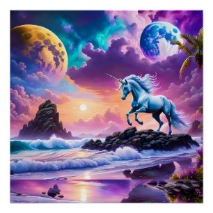 Poster White Unicorn Imaginaire Tropical Beach