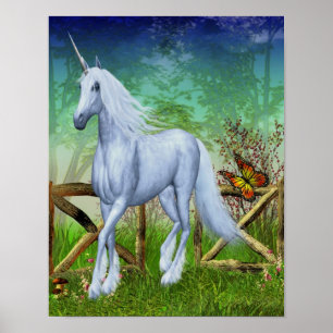 Poster White Unicorn Woodland Gate Imaginaire Cheval Art