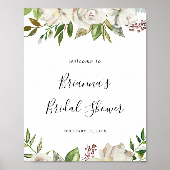 Poster White Winter Peony Floral Fête des mariées Bienven (Devant)