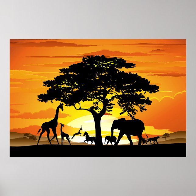 Poster Wild Animals on African Savanna Sunset (Devant)