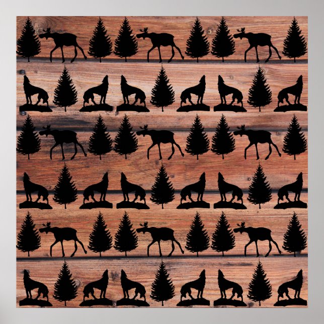 Poster Wild Moose Wolf Wilderness Mountain Cabin Rustic (Devant)