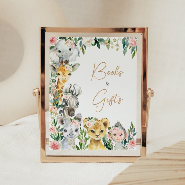 Poster Wild One Floral Safari Baby showers Livres et cade (Greenery Floral Wild One Baby Shower Books and Gifts Sign)