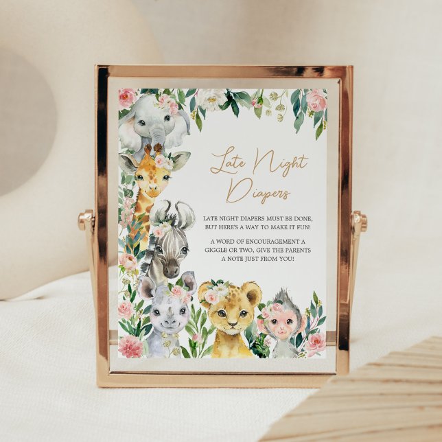 Poster Wild One Floral Safari Late Night Diapés (Greenery Floral Wild One Baby Shower Late Night Diapers Sign)