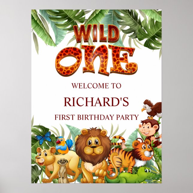 Poster Wild One Jungle Safari Animal Birthday Welcome (Devant)