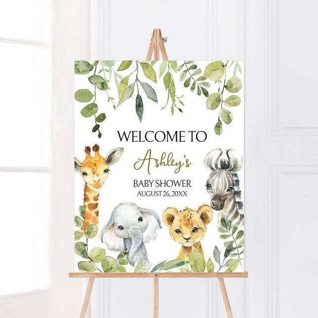 Poster Wild One Jungle Safari Bienvenue (Greenery Animals Baby Shower  Welcome Sign)