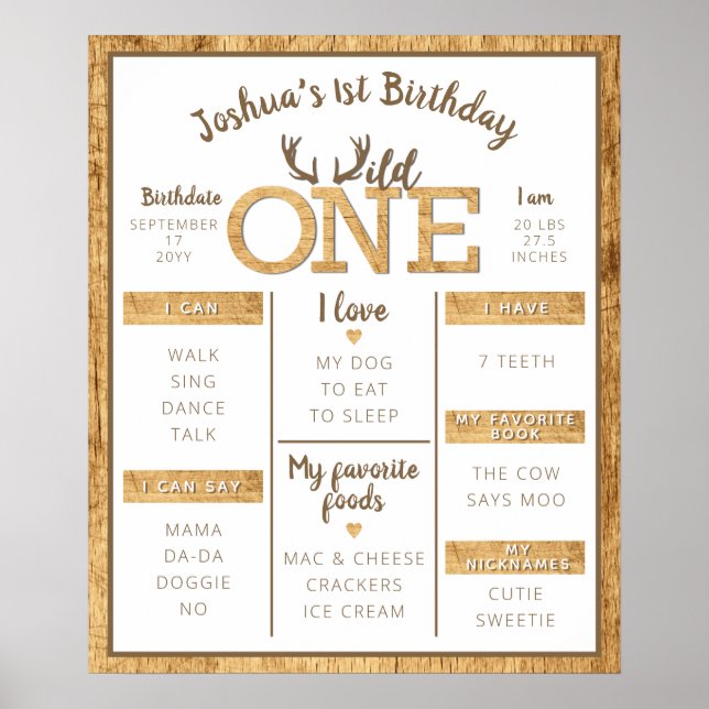 Poster Wild One Rustic Antlers Premier anniversaire Jalon (Devant)