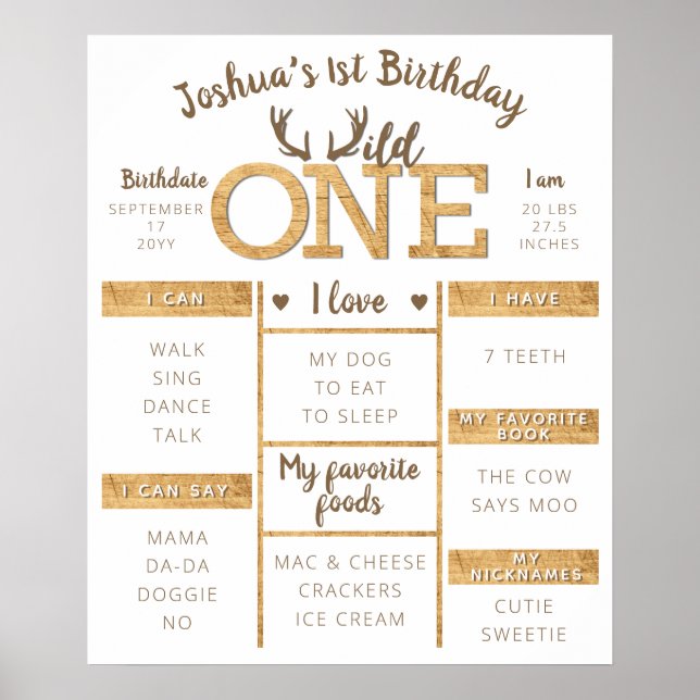 Poster Wild One Rustic Deer Antler 1er anniversaire Jalon (Devant)