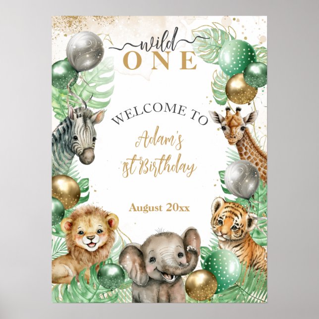 Poster Wild One Safari animaux Balloon Baby 1er anniversa (Devant)