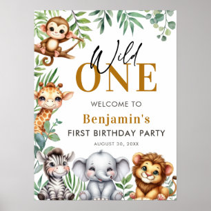 Poster Wild One Safari Animaux Garçon 1er anniversaire Bi