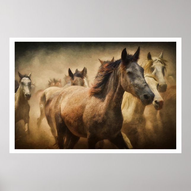 Poster Wild Running Horses: Western Rustic Wildlife Art (Devant)