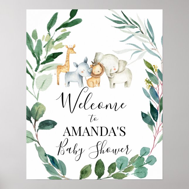 Poster Wild Safari Foliage Wreath Baby shower Bienvenue (Devant)
