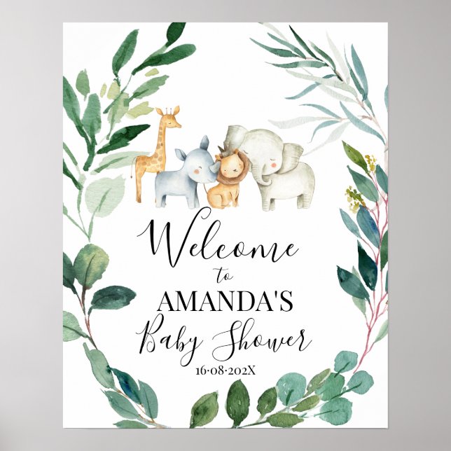 Poster Wild Safari verdure Baby shower Wreath Bienvenue (Devant)