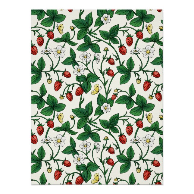Poster Wild strawberries red/yellow/green/off white (Devant)