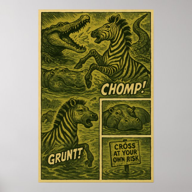 Poster Wild Zebra Escape - Jungle Danger Retro Comic (Devant)