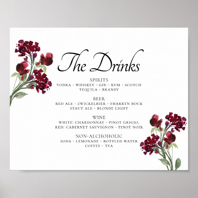 Poster Wildbloom | Menu de boissons fleuris bohèmes rouge (Devant)