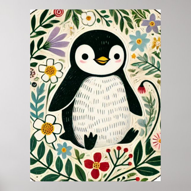 Poster Wildflower Penguin Lovers Illustration             (Devant)