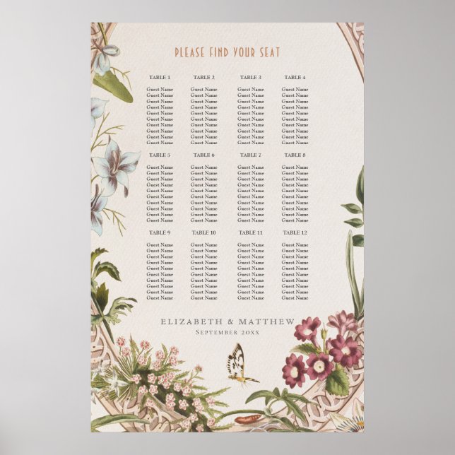Poster Wildflowers Seating Chart Vintage Wedding (Devant)