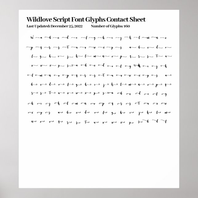 Poster Wildlove Script Police Glyphes Contact Sheet Poste (Devant)