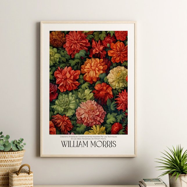 Poster William Morris Antique Motif Floral (William Morris Antique Floral Pattern Poster in a boho neutral living room with green plants.)