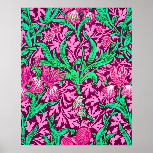 Poster William Morris Irises, Fuchsia Pink and Wine (Devant)