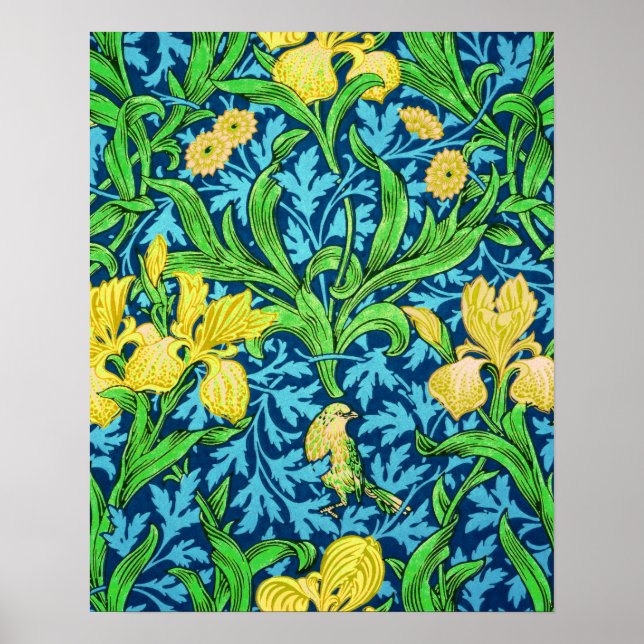 Poster William Morris Irises, jaune et bleu de cobalt (Devant)