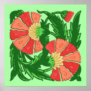 Poster William Morris Jacobean, Coral Orange et Green