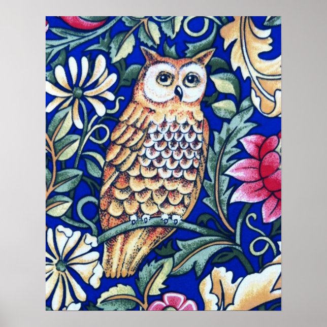 Poster William Morris Owl Tapestry, Beige et Cobalt Blue (Devant)