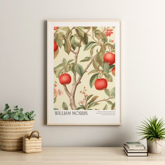 Poster William Morris Pommes Vintages et fleurs (William Morris Vintage Apples and Blossoms Poster ina  neutral boho livingroom with plants.)