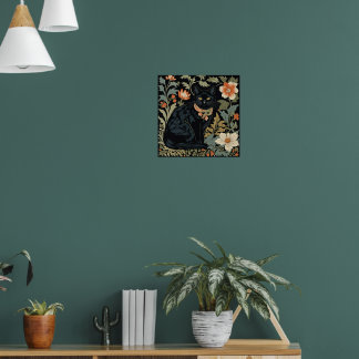 Poster William Morris Style Black Cute Chat Botanique