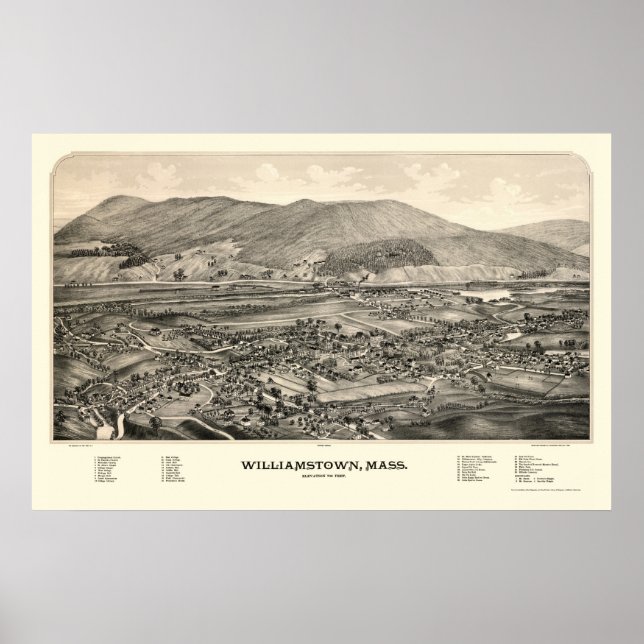 Poster Williamstown, MA Carte panoramique - 1889 (Devant)