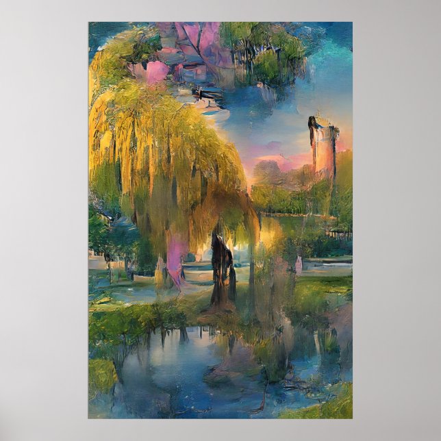 Poster Willow d'or au coucher du soleil près de l'étang (Devant)