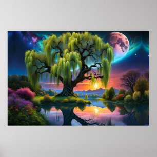 Poster Willow tree under Pleine lune N Starry ciel Sunset